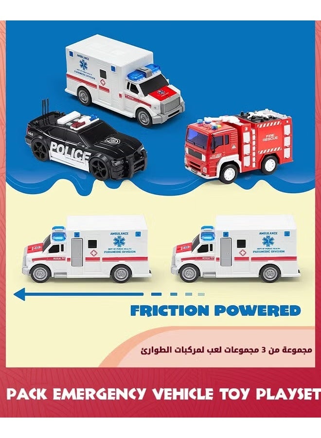 3 حزمة سيارات الطوارئ لعبة Playsets-الإسعاف,شاحنة الإطفاء,سيارة الشرطة,الاحتكاك تعمل المركبات مع الضوء والصوت,المركبات لعبة مجموعة سيارات الأطفال الصغار,هدايا للأطفال الصغار الأولاد 3+ - Image 5